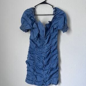 NWT off the shoulder blue jean wash ruched scalloped puff sleeve bodycon dress